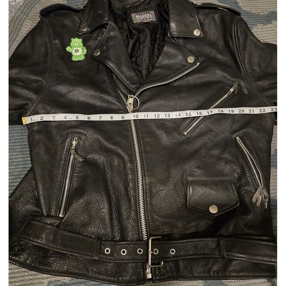 Men's Vintage Wilsons Zip-Up Black Leather Biker PUNK Jacket XL Cartoon Patches - Picture 3 of 16
